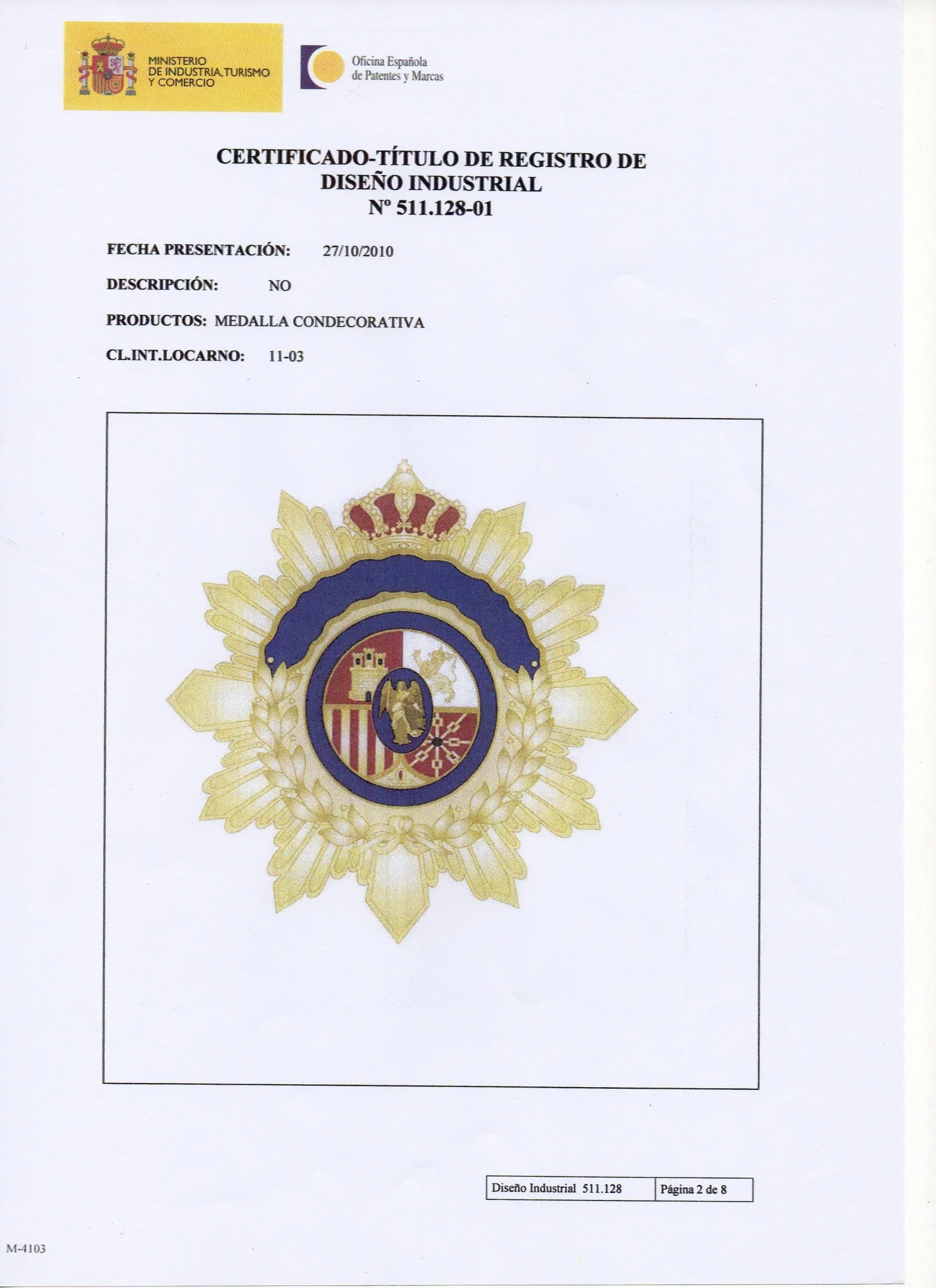 Certificado de registro del diseño de la placa