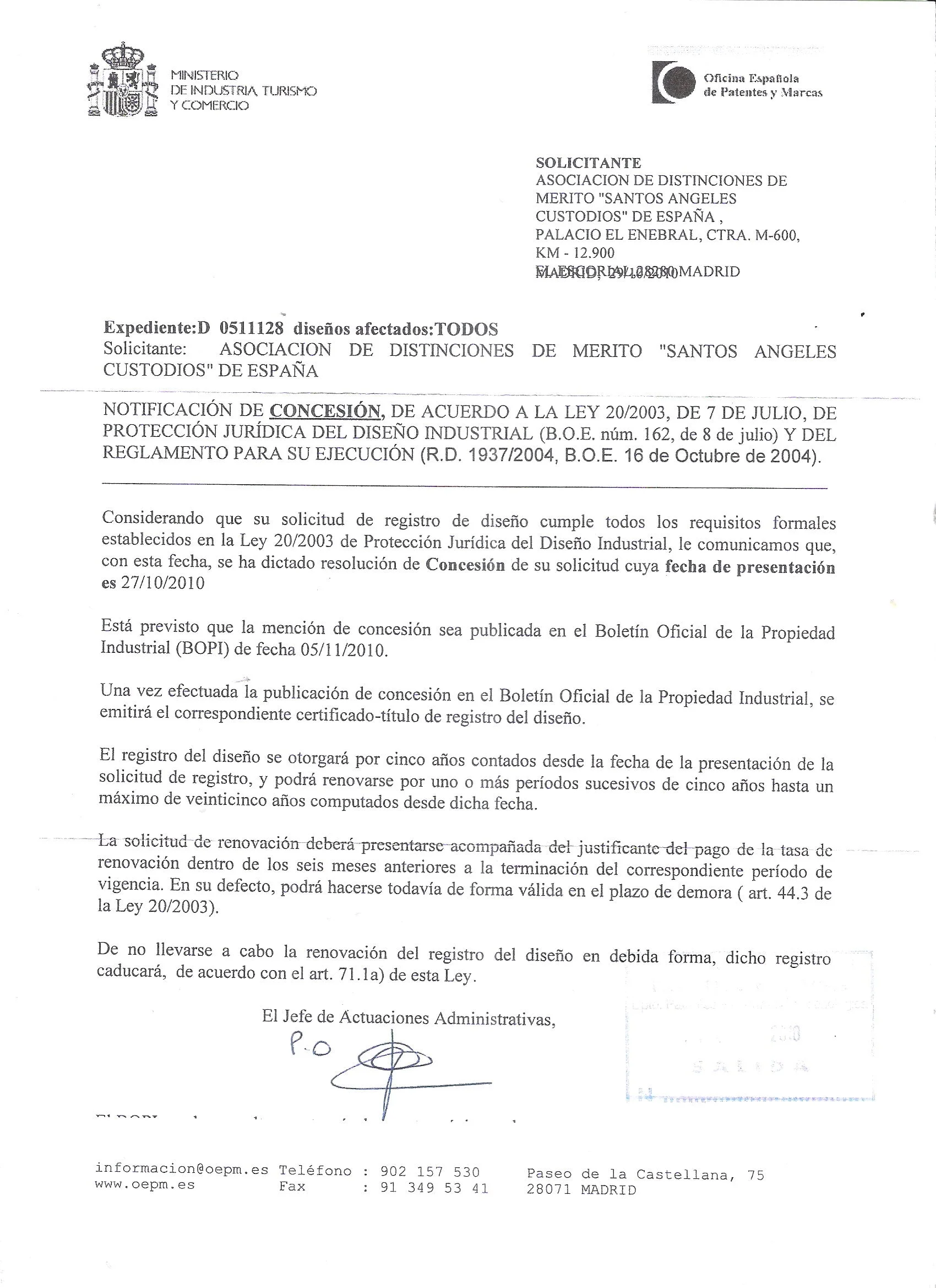 Notificación de concesión del registro de diseño industrial